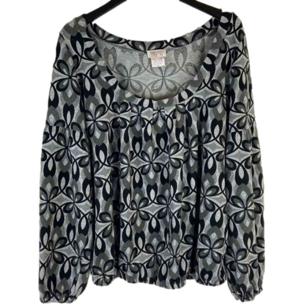 Funky People Black and Gray Floral Elastic Waist Puff Sleeve Top Size XL